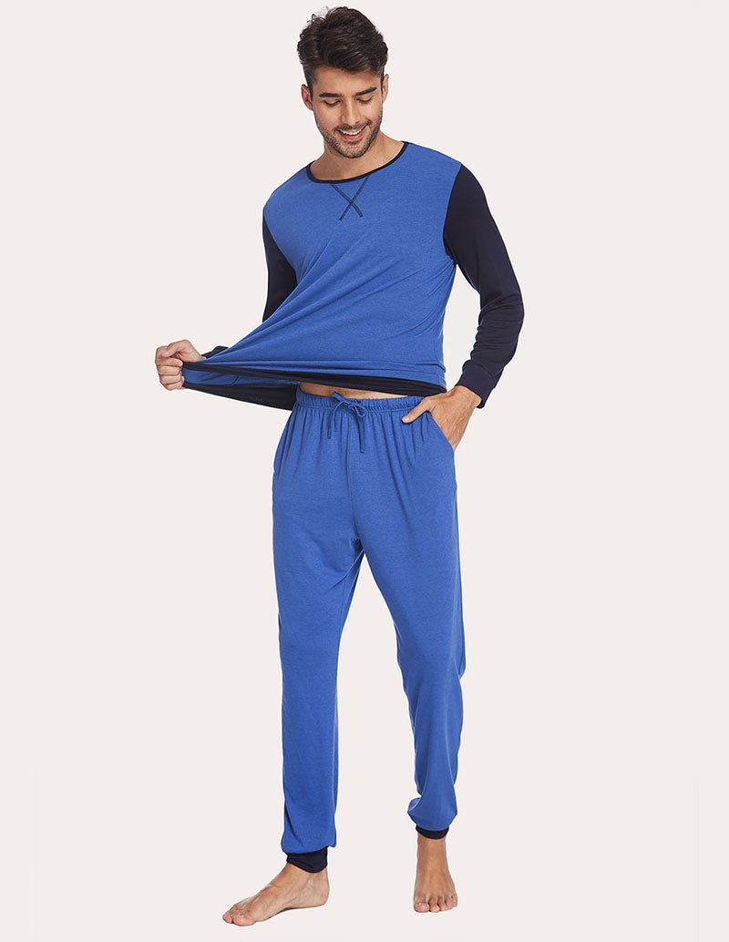 Men's blue two-piece pajama set with long-sleeve top and drawstring joggers