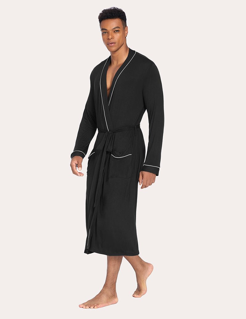 Men’s knit robe, black V-neck with waist tie belt, long sleeves, mid-calf length