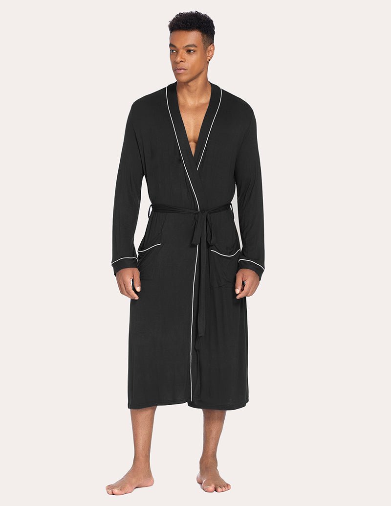 Men’s knit robe, black with white-trim V-neck and waist tie, long sleeves, mid-calf