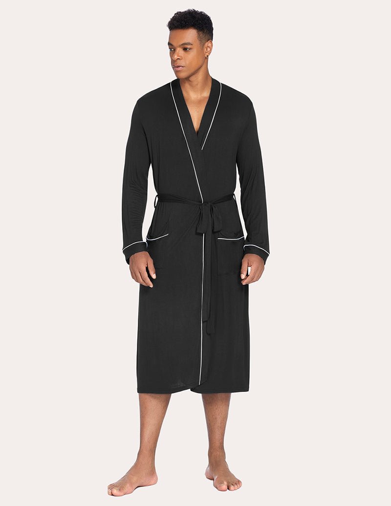 Men’s knit robe, black V-neck robe with sash tie at waist, long sleeves, mid-calf