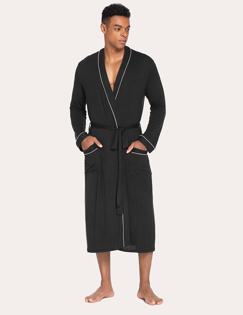 Men’s knit robe, black with V-neck and white trim, tied belt, long sleeves, mid-calf