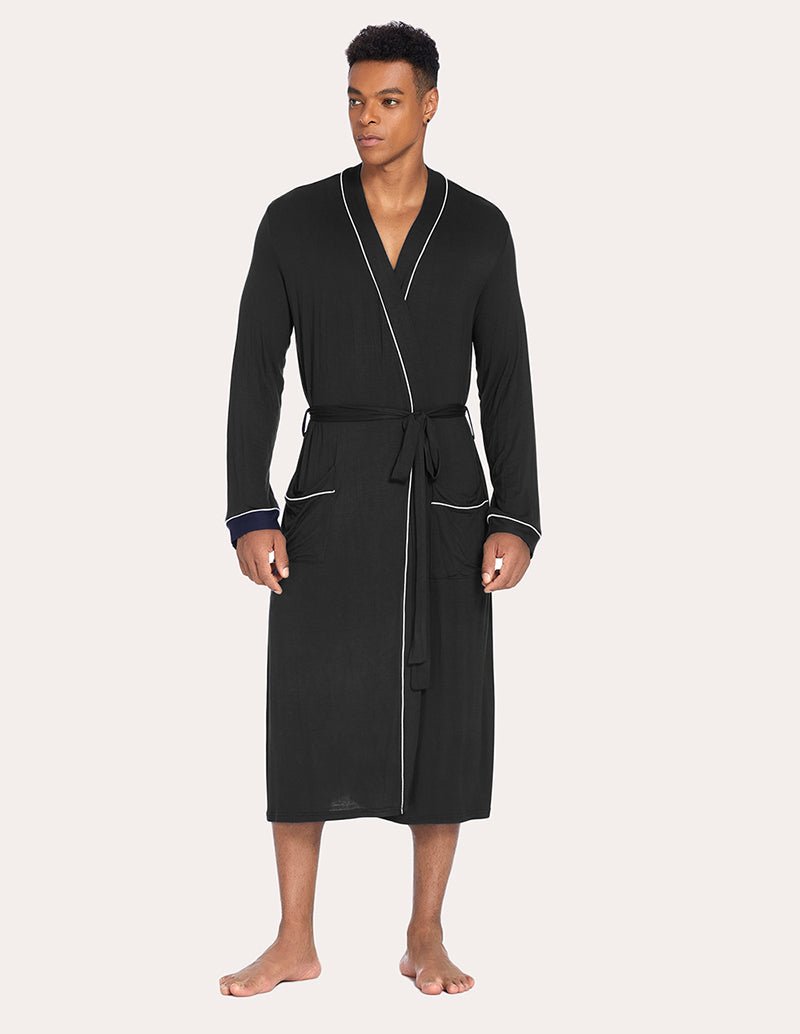 Men’s knit robe, black V-neck and waist tie, long sleeves, mid-calf, front view