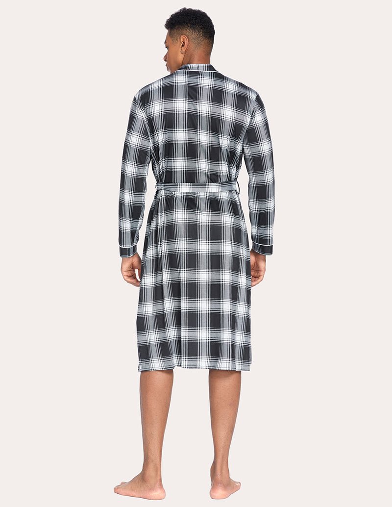 Men's plaid knit robe, back view, waist tie belt and knee length hem