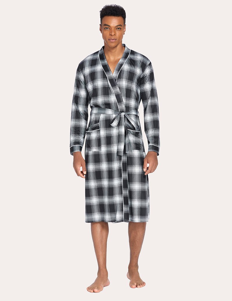 Men's black-and-white plaid knit robe with shawl collar and tie belt