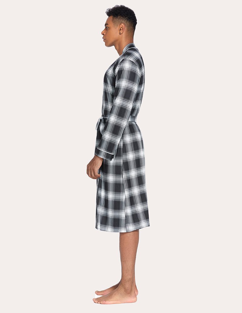 Men's black-and-white plaid knit robe, side view, shawl collar and tie belt
