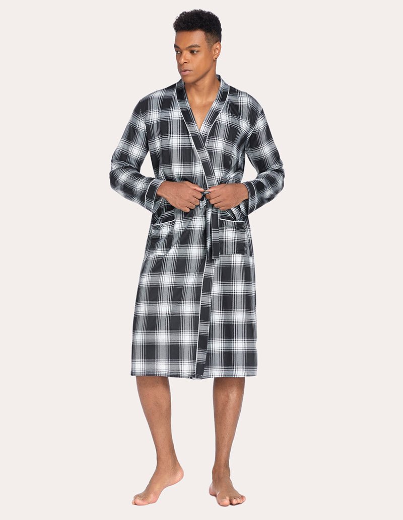 Men's plaid knit robe with shawl collar, front tie belt and long sleeves