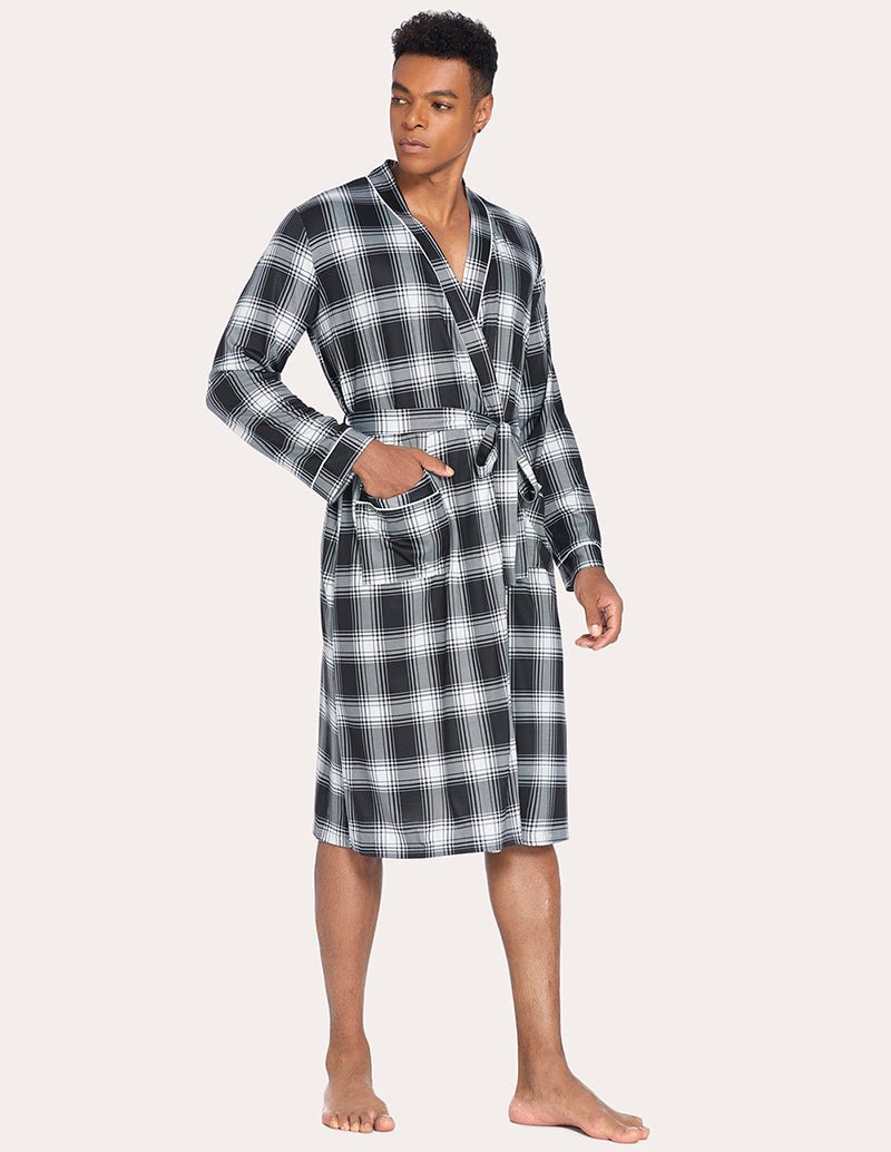 Men's black-and-white plaid knit robe, front diagonal view, tie belt and pockets