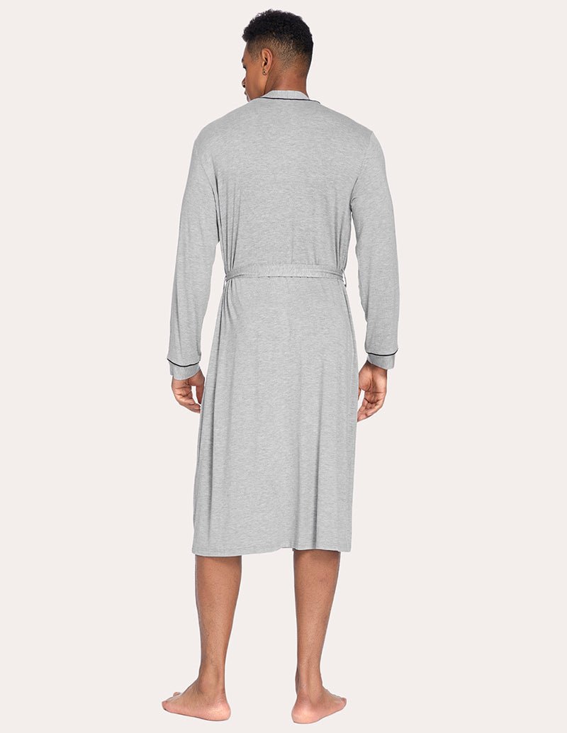 Men’s knit robe in light grey, back view with waist tie and mid-calf hem