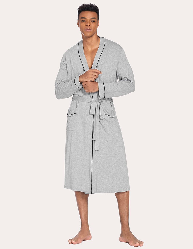Men’s knit robe, light grey with V-neck and waist tie belt, long sleeves, mid-calf