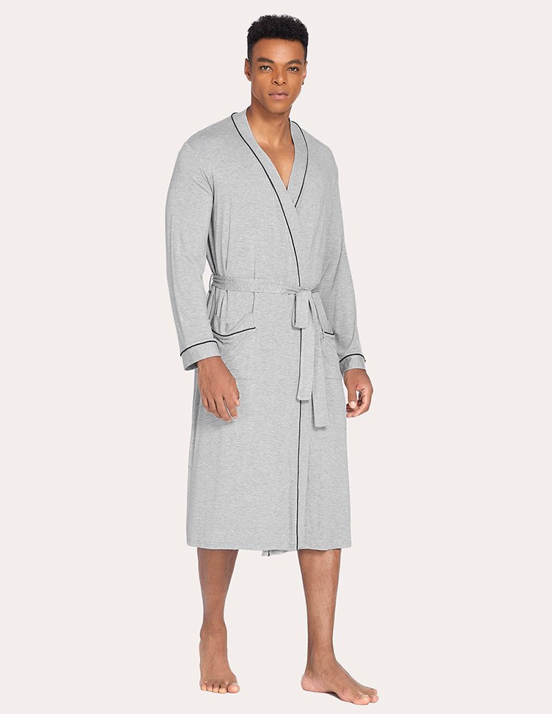 Men’s knit robe, light grey V-neck with contrast trim, waist tie belt, mid-calf