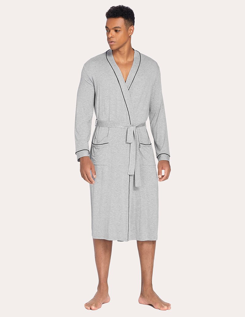 Men’s knit robe in light grey, V-neck front with waist tie, long sleeves, mid-calf