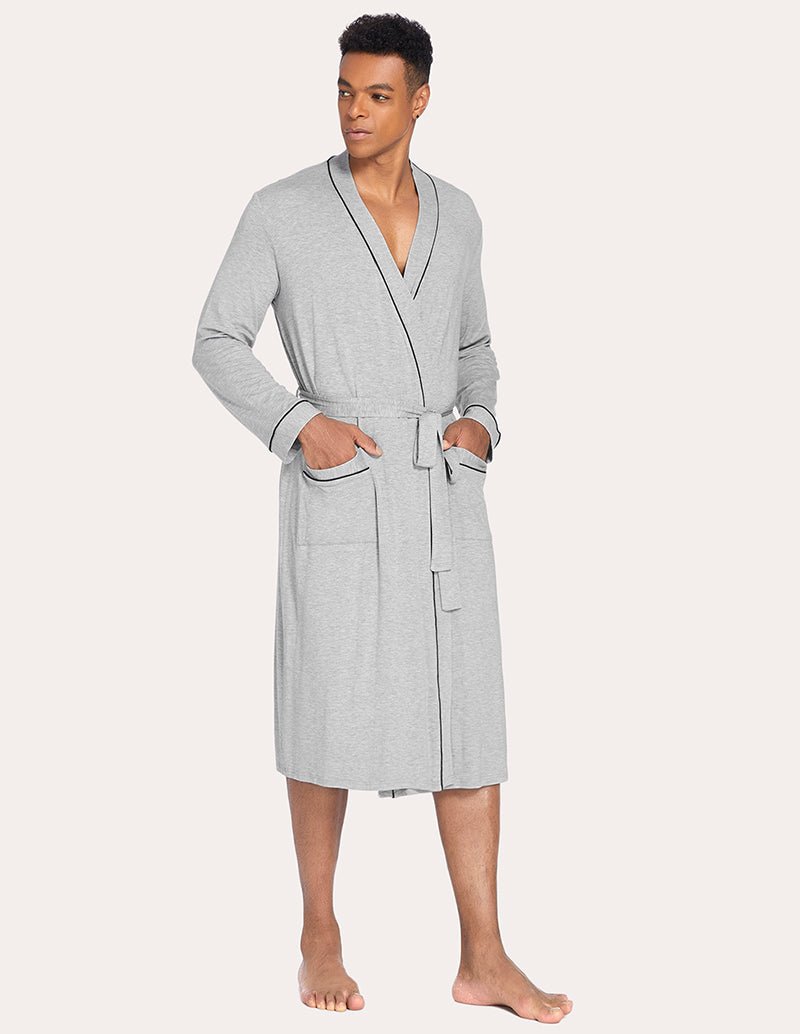 Men’s knit robe, light grey V-neck with waist tie, long sleeves, mid-calf length
