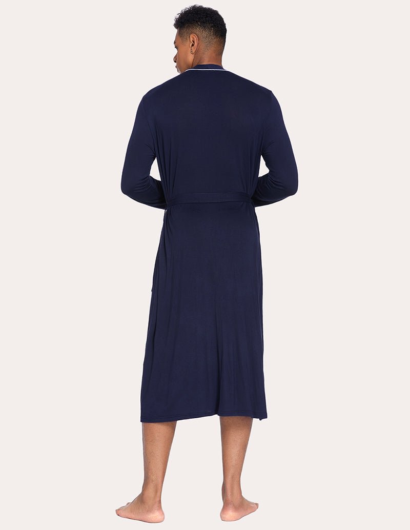 Men's navy knit robe, back view, shawl collar with tie belt, knee length