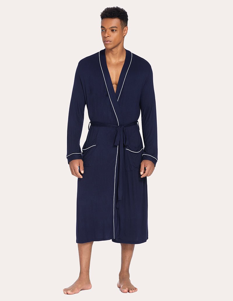 Men's navy knit robe with shawl collar and tie belt, long sleeves