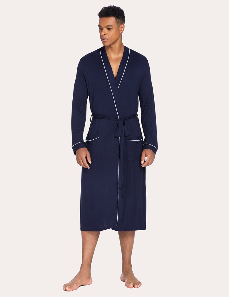 Men's navy knit robe, front view, contrast trim edges and tie belt