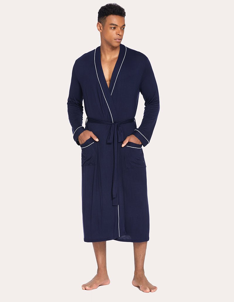 Men's navy knit robe with waist tie belt and side pockets, front view