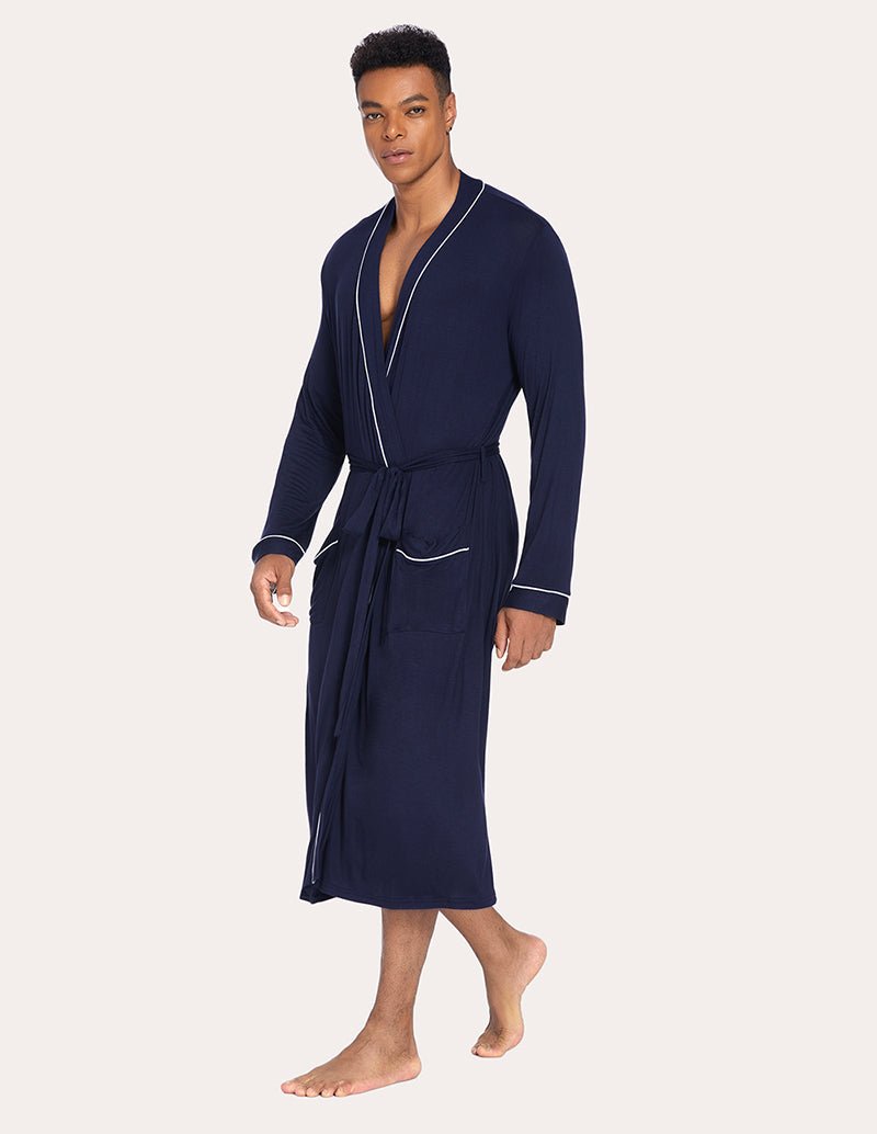 Men's navy knit robe with long sleeves and tie belt, side view