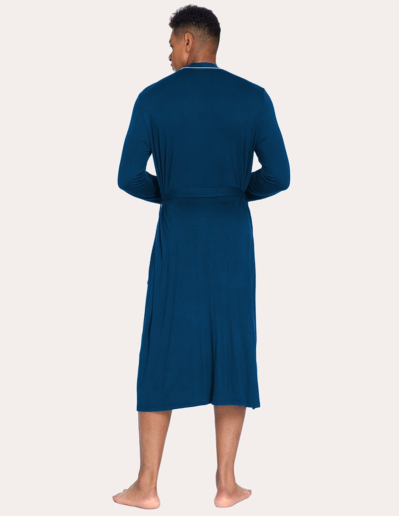 Men's knit robe in peacock blue, back view with belt tie and long sleeves.