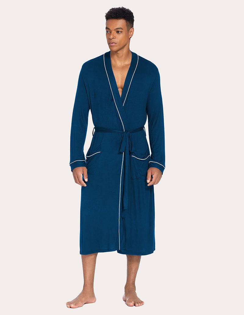Men's knit robe in peacock blue with V-neck trim, belt tie waist, and knee length.