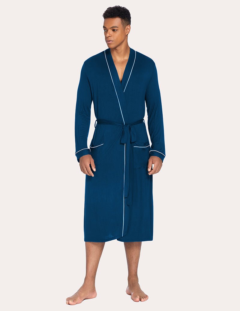 Men's knit robe in peacock blue with V-neck trim, front view, and belt tie waist.