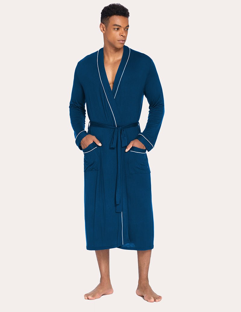 Men's knit robe in peacock blue with V-neck trim, front view, and tied belt details.