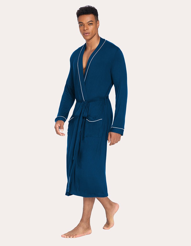 Men's knit robe in peacock blue with V-neck trim and belt tie, side view.
