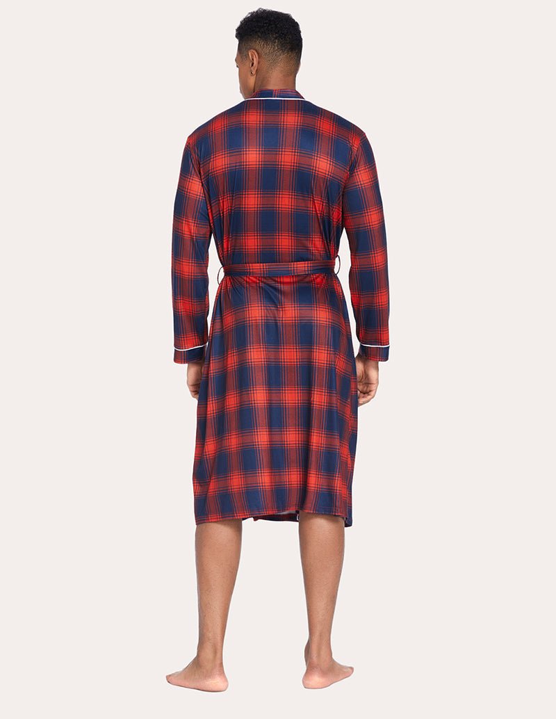 Men's knit robe in red and navy plaid, back view with belt tie and long sleeves.