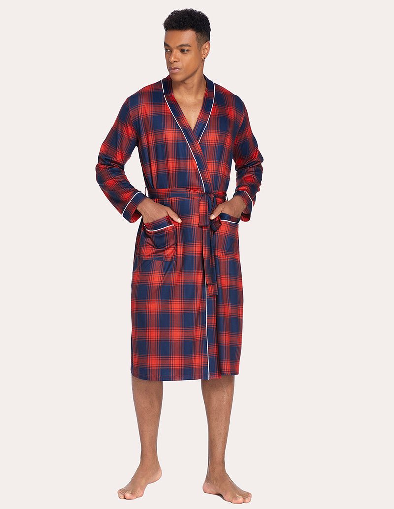 Men's knit robe in red and navy plaid with V-neck trim and belt tie waist.