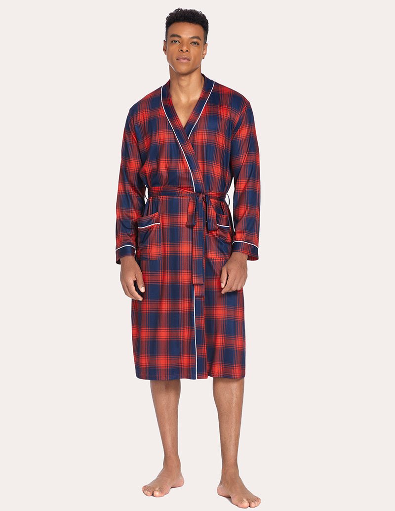 Men's knit robe in red and navy plaid with V-neck trim, front view and belt tie.