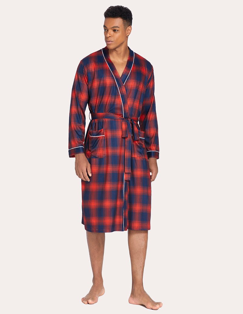 Men's knit robe in red and navy plaid, side view with V-neck trim and belt tie.