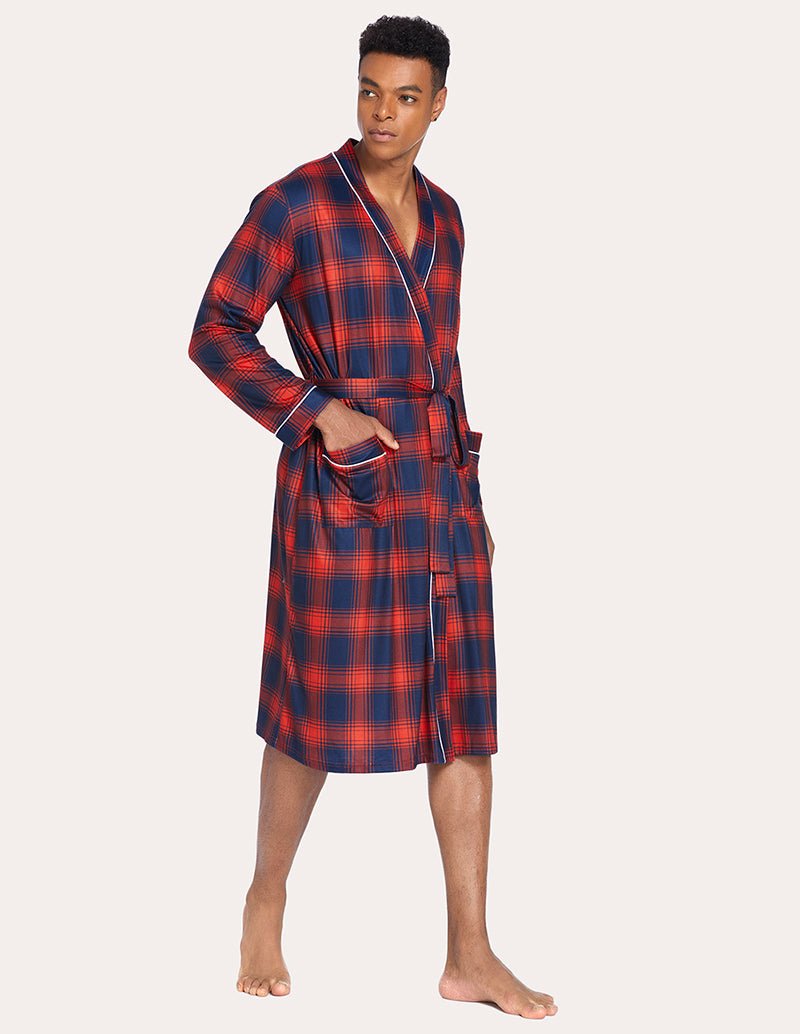 Men's knit robe in red and navy plaid with deep pockets, V-neck trim, and belt tie.