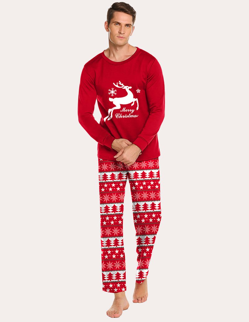 Men's pajama set with red long-sleeve top and festive patterned pants, deer print