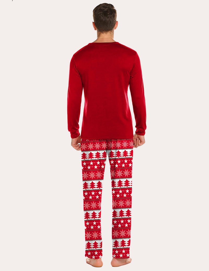 Men's pajama set, back view: red long-sleeve top and festive patterned pajama pants