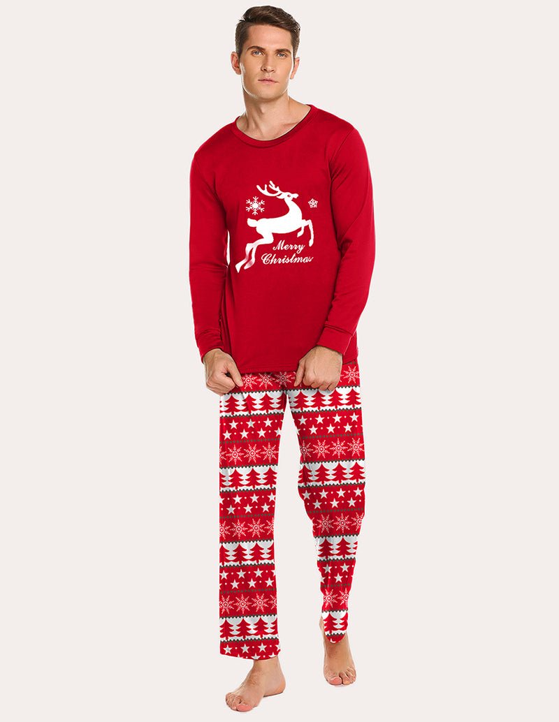 Men's pajama set with red long-sleeve top and festive patterned pants, deer graphic