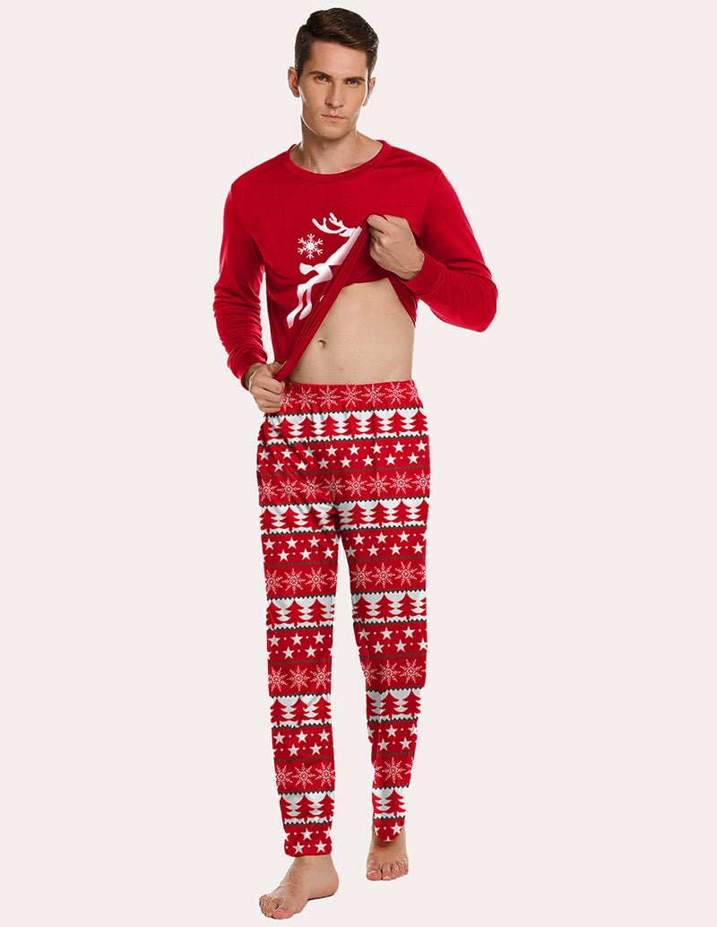 Men's pajama set in red: long-sleeve top with deer graphic and patterned pants