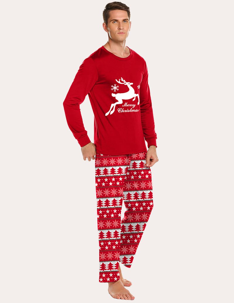 Men's pajama set with red long-sleeve top, 'Merry Christmas' deer graphic, patterned pants
