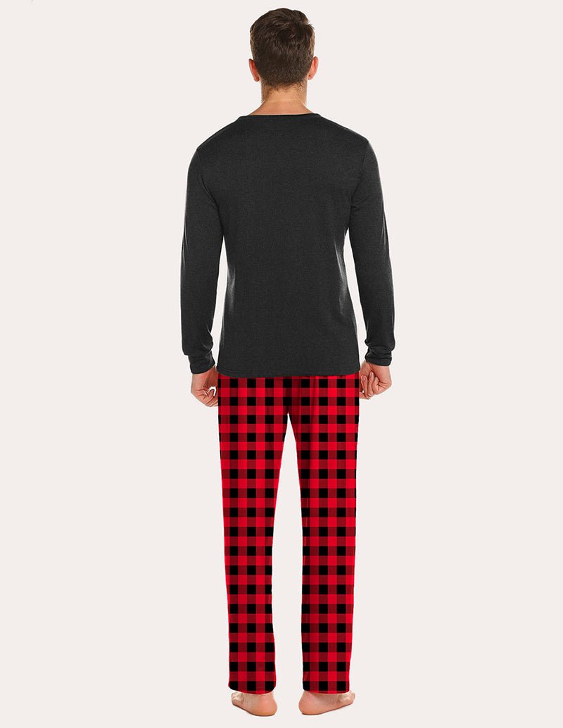 Men's pajama set, back view: dark long-sleeve top and red plaid pajama pants