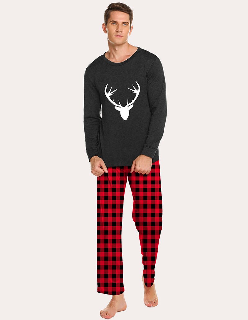Men's pajama set with dark long-sleeve top and red plaid pants, deer graphic