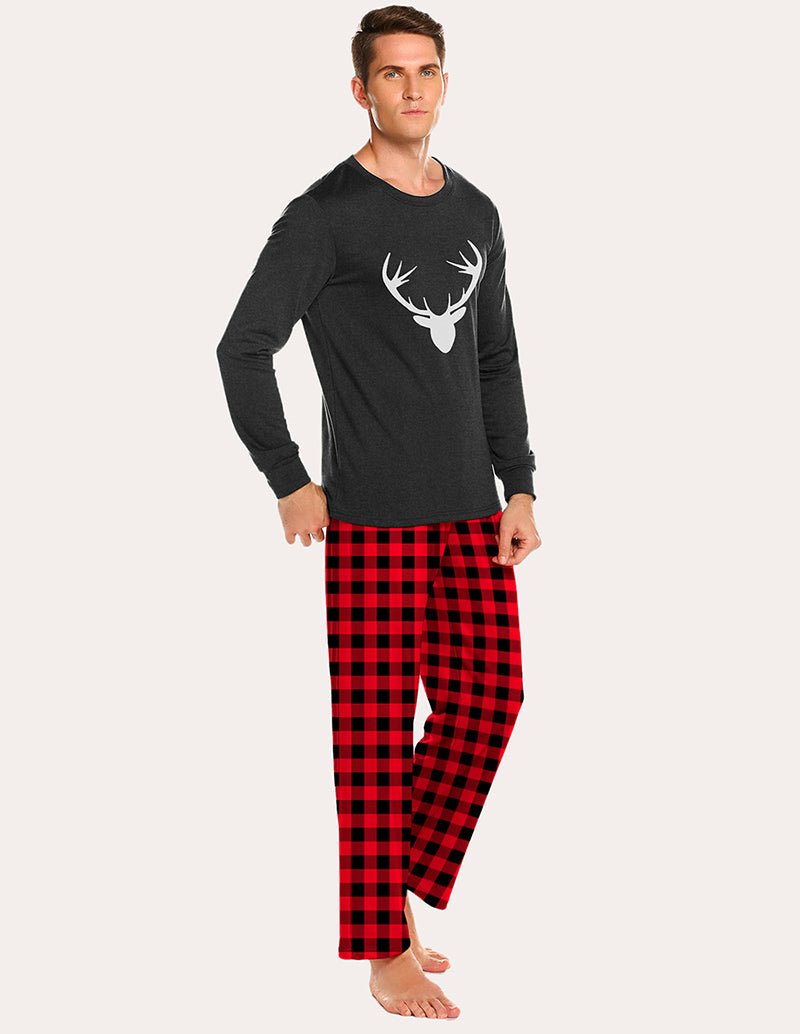 Men's pajama set in dark and red: long-sleeve top with deer print, plaid pants