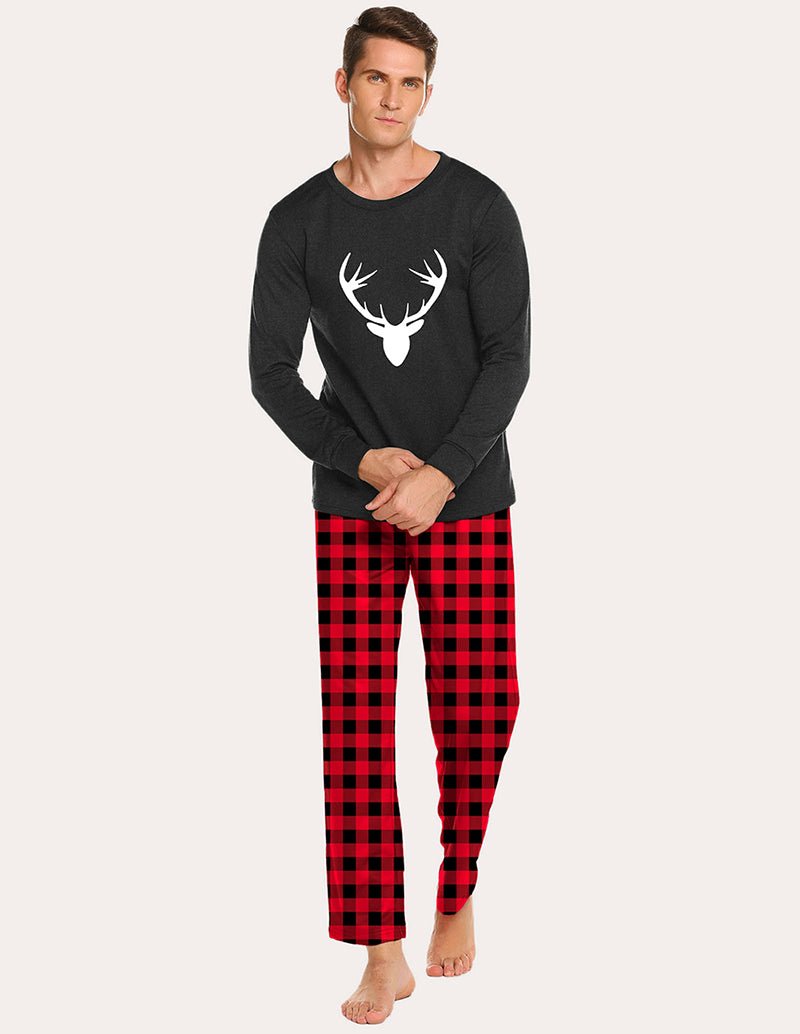 Men's pajama set with dark long-sleeve top and red plaid pants, deer artwork