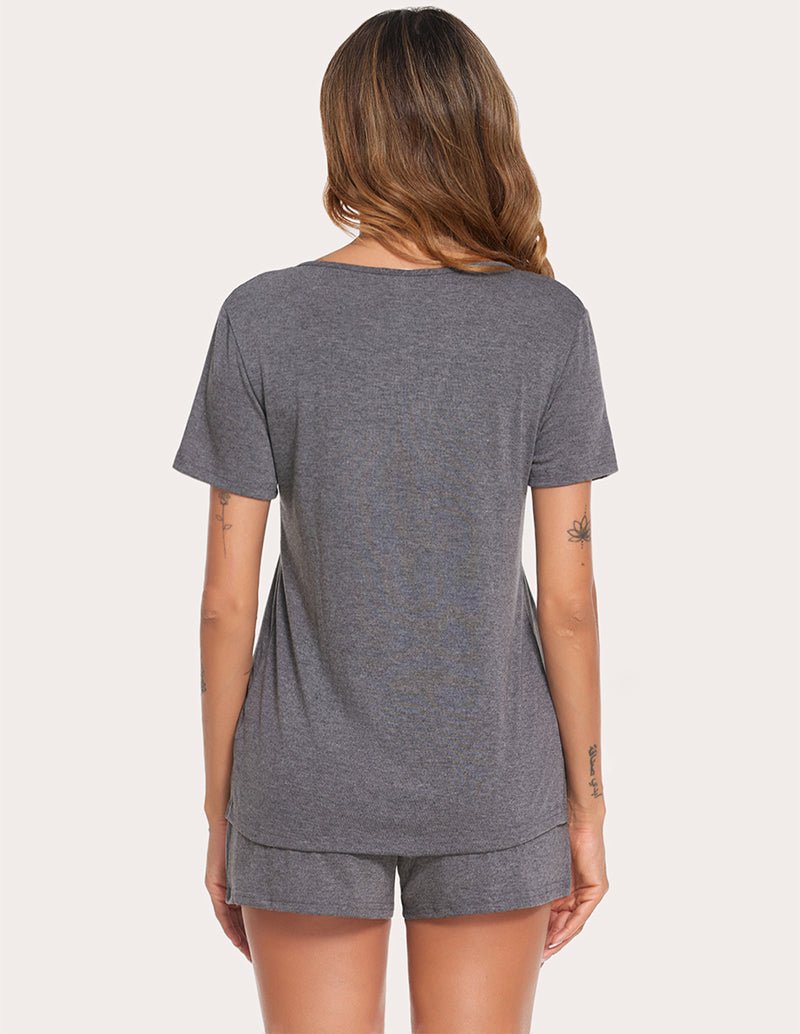 Grey nursing maternity pajama set, back view of short-sleeve top with matching shorts