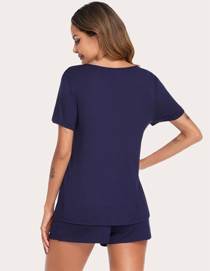 Navy pajama set for nursing: back view of short-sleeve V-neck top and shorts