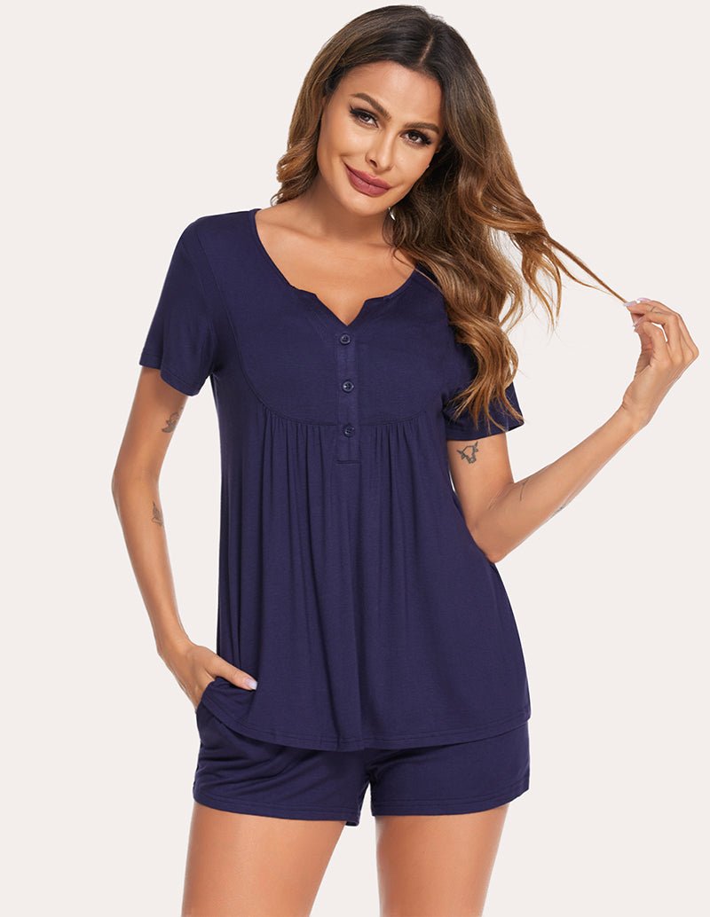 Navy nursing pajama set: short-sleeve button V-neck top with matching shorts