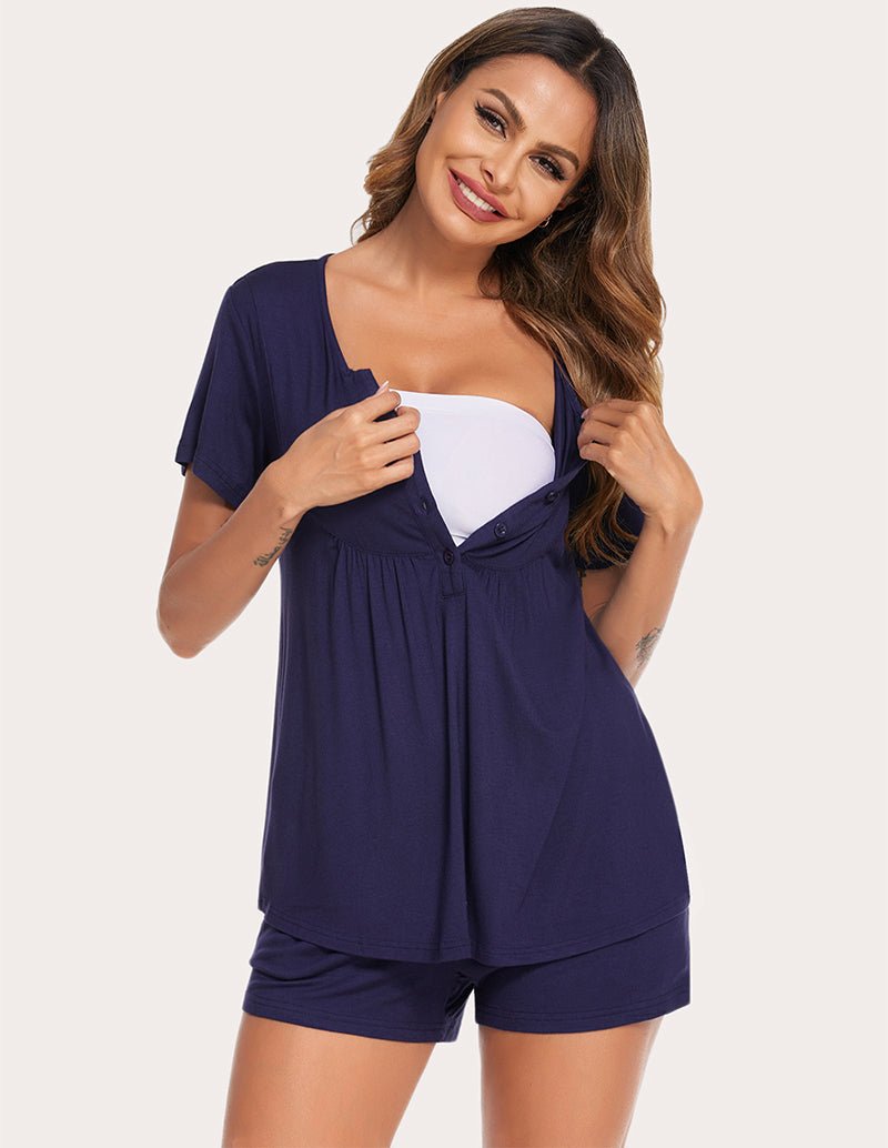 Navy nursing pajama set: V-neck button top with matching shorts