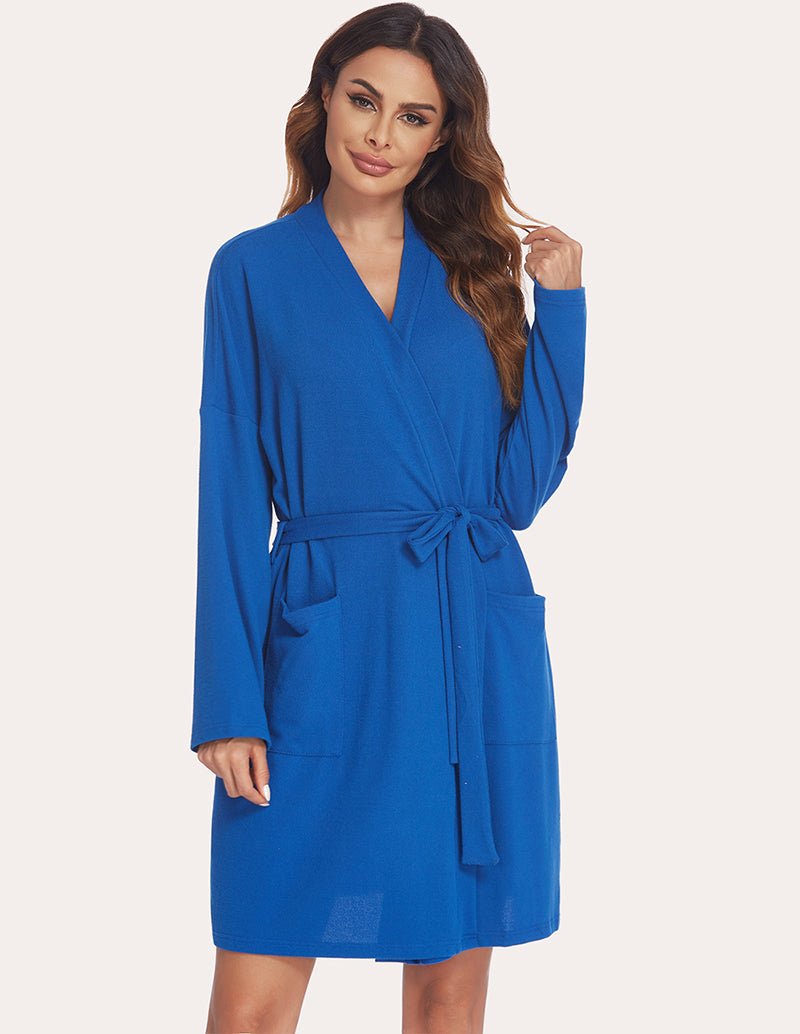 Blue nursing maternity robe with V-neck and tied waist belt, long sleeves, front patch pockets