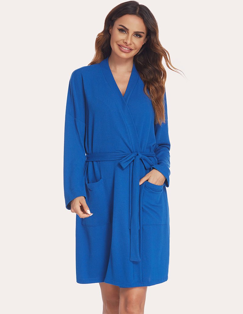Blue nursing & maternity robe, V-neck, tie belt, long sleeves, front pockets.