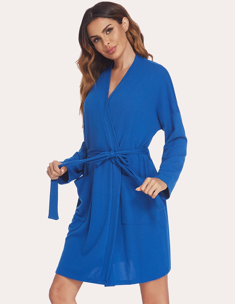 Blue nursing maternity robe with V-neck and tied waist belt, long sleeves, side pockets