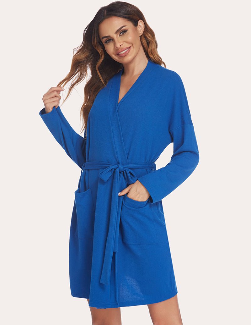 Blue nursing maternity robe with V-neck, long sleeves, waist tie belt, patch pockets, knee length