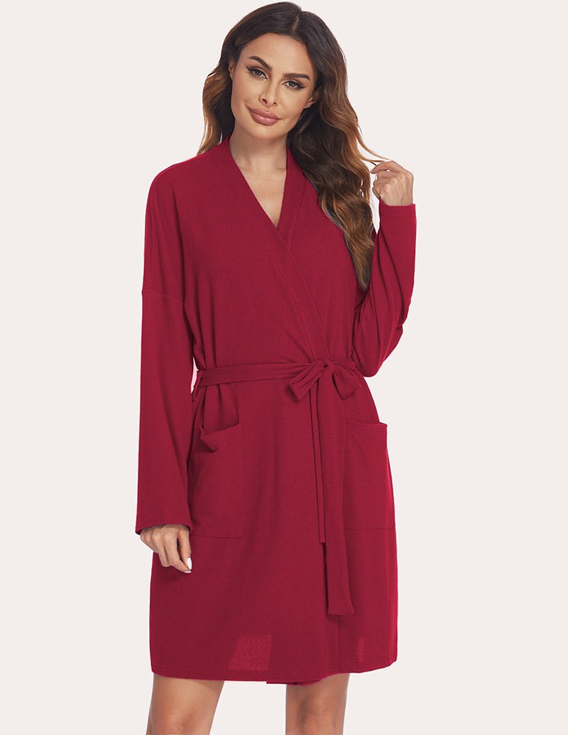 Red nursing maternity robe with V-neck, tied waist belt, long sleeves, patch pockets