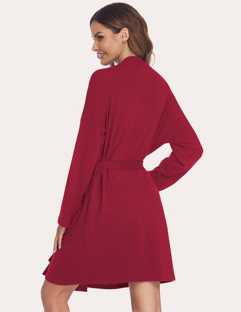 Red nursing maternity robe back view with V-neck, waist tie belt, long sleeves, knee length